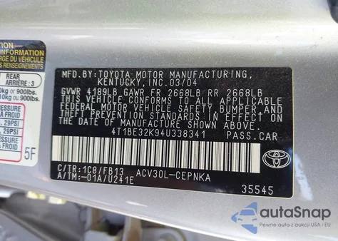 2004 Toyota Camry Le from USA, damaged, VIN 4T1BE32K94U338341